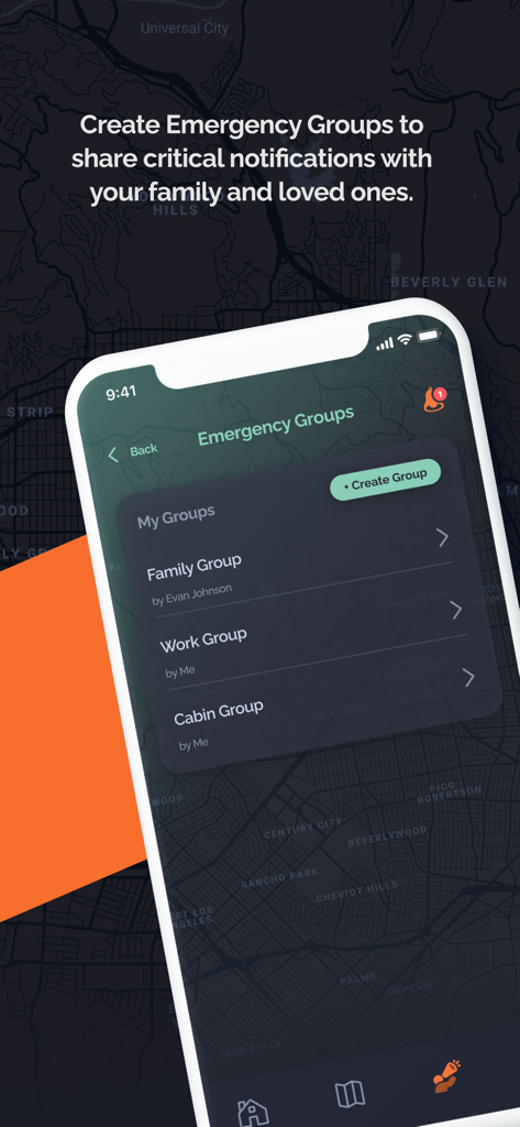 Frontline Wildfire Tracker - Interface of the Frontline Wildfire Tracker app displaying emergency contact groups for family and work
