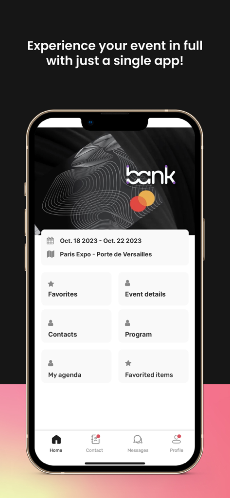 Eventmaker KeepTrack app home screen displaying event details and a professional navigation menu