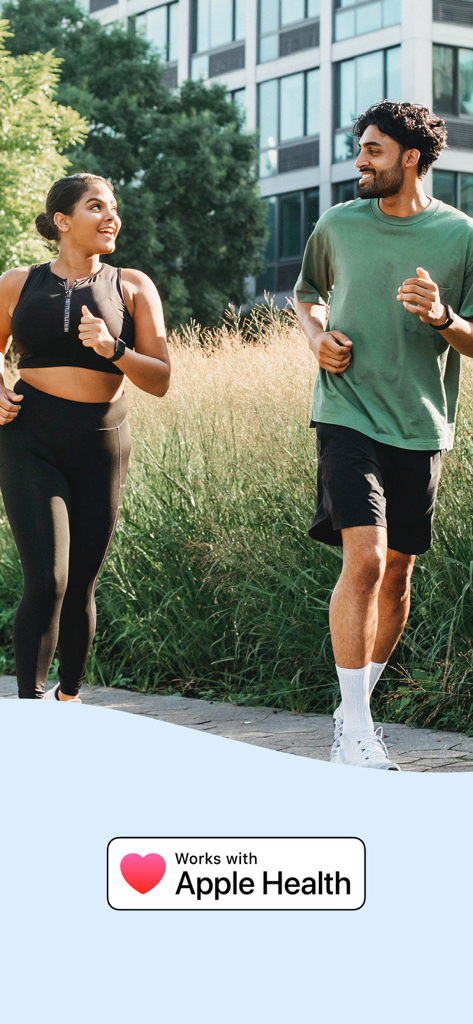 A man and a woman jogging outdoors with the Apple Health logo