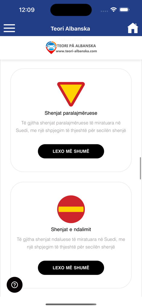 Albanischsprachige App für die schwedische Fahrtheorie, die Kategorien für Warn- und Verbotsverkehrszeichen zeigt