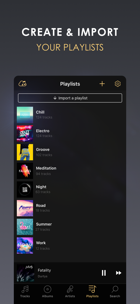Playlist management interface in Equalizer HD music player app showing various music categories and an import button