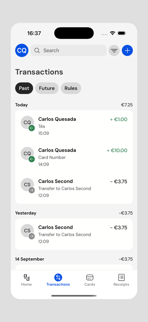 GoDutch Smart Business Account - GoDutch app Transactions interface showing daily business expenses and income history