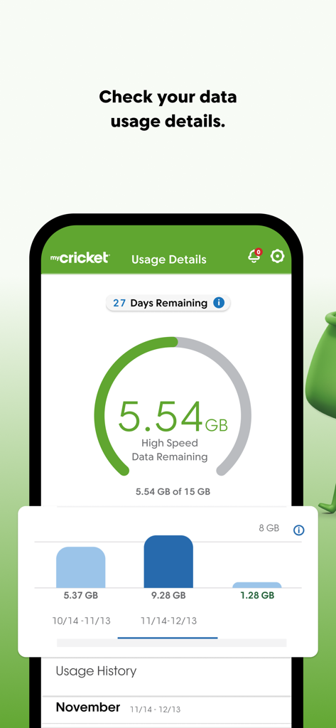 myCricket App - La interfaz de la app myCricket que muestra un medidor de uso de datos de alta velocidad y una cuenta regresiva de los días de servicio restantes
