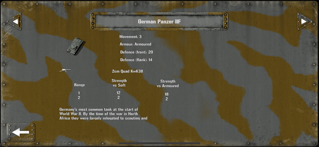 Detailed statistics and historical description screen for the German Panzer IIF tank