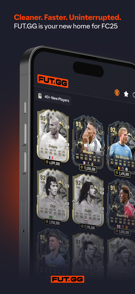 FUT.GG app screen showing FC 25 player cards with ratings and coin values.