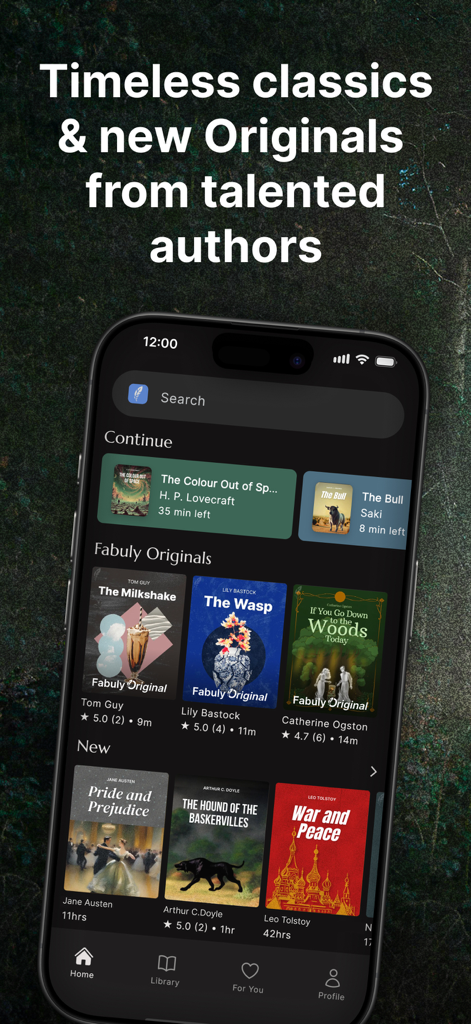 Fabuly: Classic Audiobooks - Fabuly app home screen displaying a selection of classic audiobooks and original stories on an iPhone.