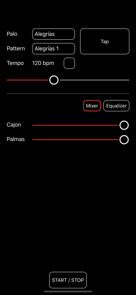 The user interface of a Flamenco metronome app showing rhythm settings for Alegrias and a volume mixer for cajon and palmas