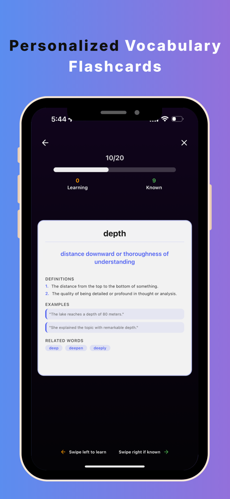 Nuva - English Tutor - Tarjetas de vocabulario de inglés personalizadas en la aplicación Nuva que muestran definiciones de palabras y ejemplos.