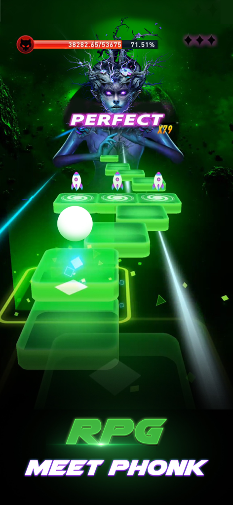 Tiles Hop Fire: EDM Piano Mix - Gameplay of Tiles Hop Fire showing a rhythm based boss battle with neon tiles and phonk music theme