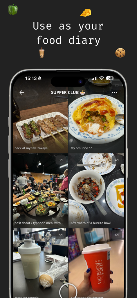 A smartphone screen displaying the Supper Club app food diary feature with a photo grid of various meals and drinks.