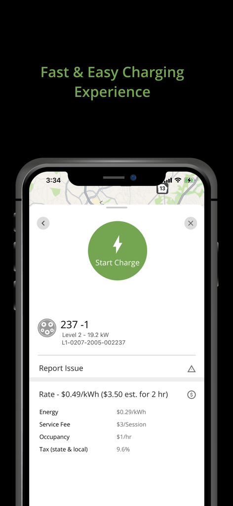 Interface do aplicativo Blink Charging mostrando um botão de iniciar carregamento e taxas de sessão