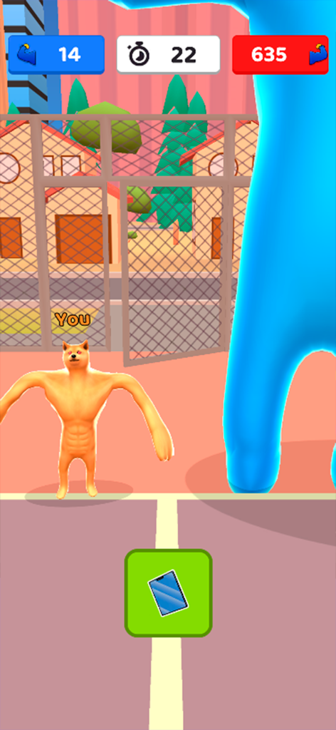 Workout Lifting: Strong Hero - A muscular dog character facing off against a giant blue boss in Workout Lifting Strong Hero.