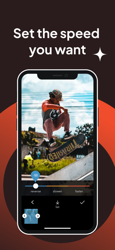 Uma tela de smartphone mostrando a interface do aplicativo Slo Mo com um mostrador de controle de velocidade sendo usado para ajustar um vídeo de skate