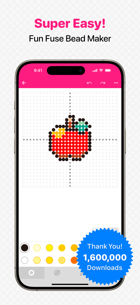 Beads Creator App zeigt ein rotes Apfel-Bügelperlen-Design auf einem digitalen Steckbrettgitter