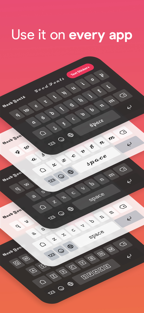 Multiple keyboard layouts showing different artistic font styles including gothic cursive and outlined letters