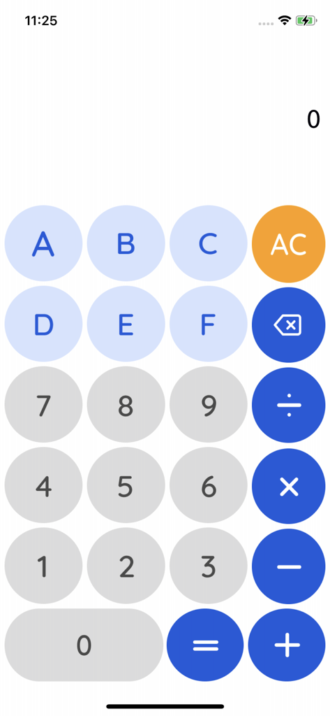 Hexadecimal Calc - User interface of a hexadecimal calculator with alphanumeric keys and math operators