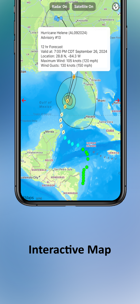 Tropical Hurricane Tracker - Mapa interactivo en la aplicación Rastreador de Huracanes Tropicales que muestra la trayectoria y el pronóstico del Huracán Helene