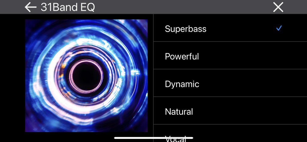 Pioneer Smart Sync app 31-band EQ settings screen with audio presets like Superbass and Powerful