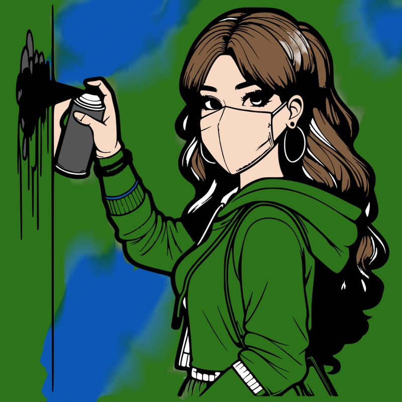 realistic girl with mask spray painting a wall