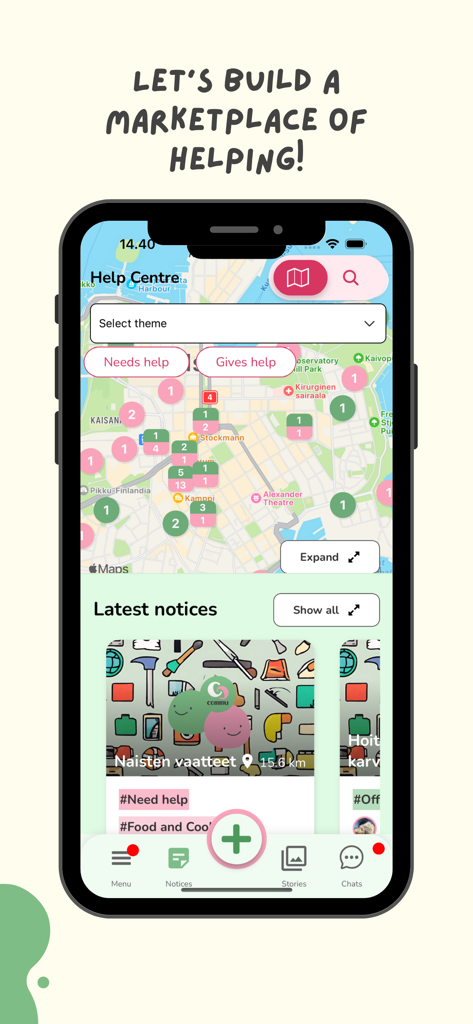 Commu - The Commu app interface showing a map of neighborhood help requests and offers with the tagline Let's build a marketplace of helping.