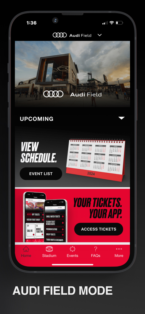 D.C. United & Audi Field - Interface of the D.C. United and Audi Field app showing schedule and mobile ticket options.