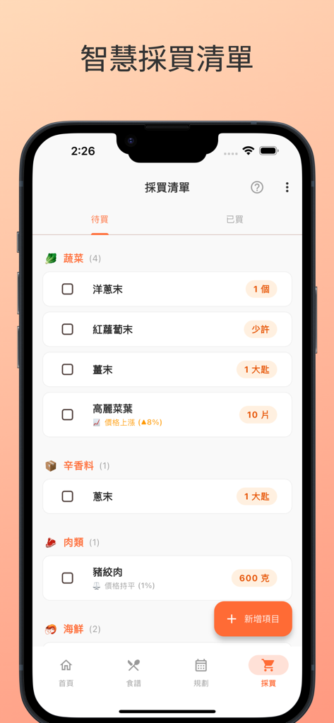 CookWhat：清冰箱、查食譜、買菜神隊友 - Lista de compras inteligente do aplicativo CookWhat com itens de supermercado categorizados e alertas de preço