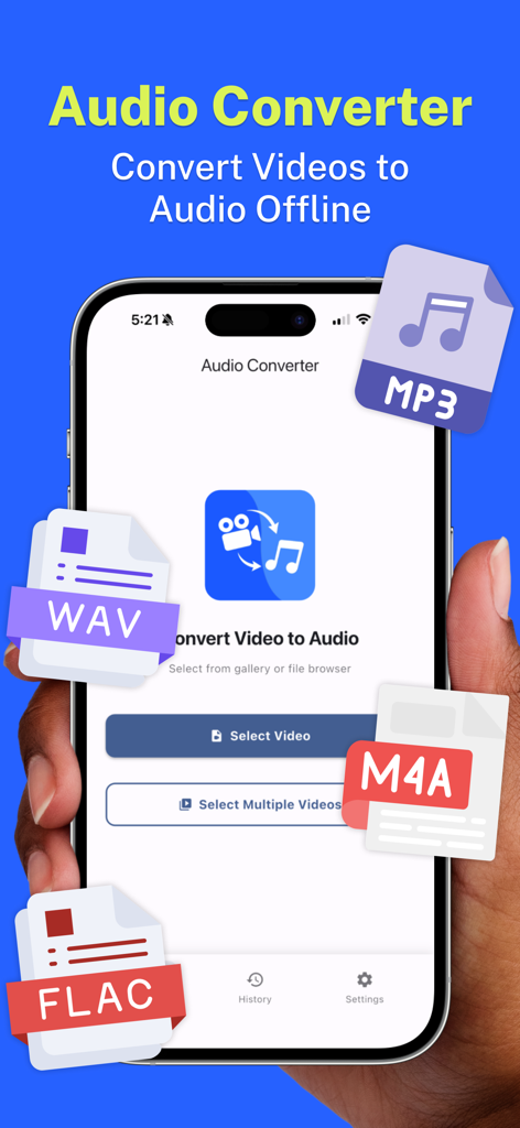 Un smartphone mostrando la interfaz principal de una aplicación convertidora de audio con opciones para formatos MP3, WAV, M4A y FLAC.
