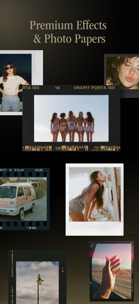 A collection of photos with retro film frames and vintage paper effects from the Snap it app.