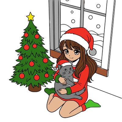 a girl wearing a santa claus hat is holding a cat in her arms, who is also wearing a santa claus hat. they are sitting near a christmas tree. there is a window next to the tree.