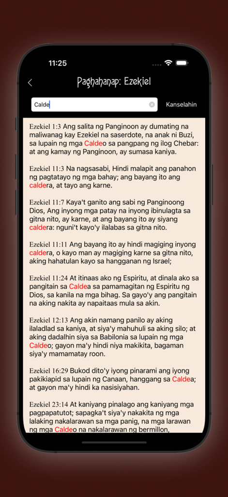 Ang Biblia (Tagalog Bible) - A mobile screen showing search results for specific keywords in the Book of Ezekiel within the Ang Biblia app.