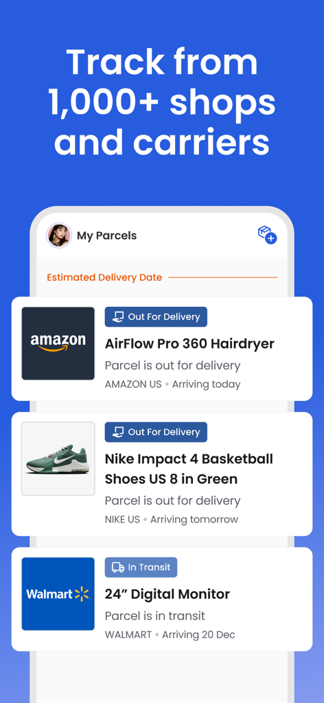 Parcel Monitor Track - App interface displaying multiple package deliveries from Amazon Nike and Walmart with status updates