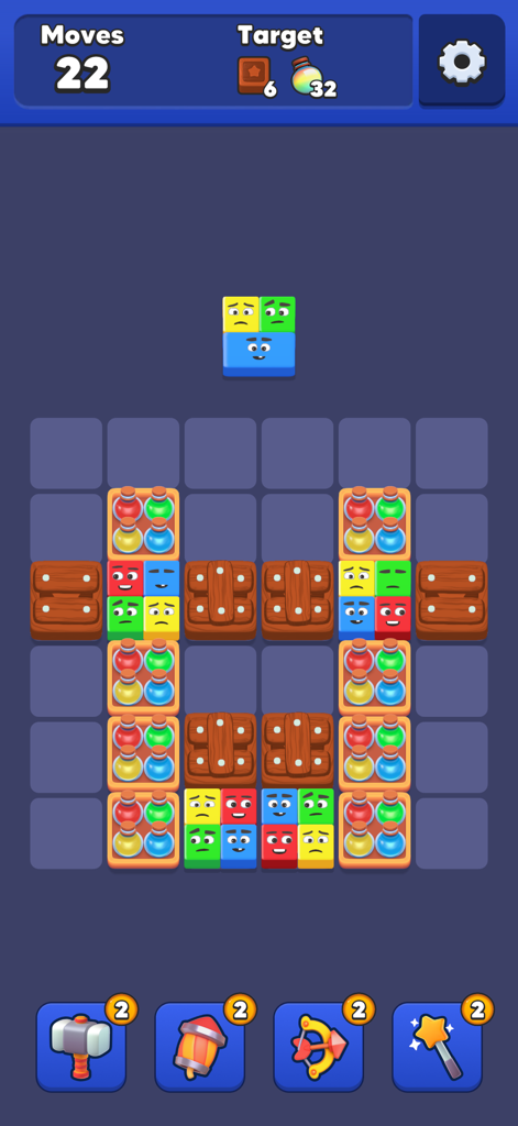 A screenshot of the Drop Jelly mobile puzzle game showing a grid with colorful jelly blocks and power-up buttons.