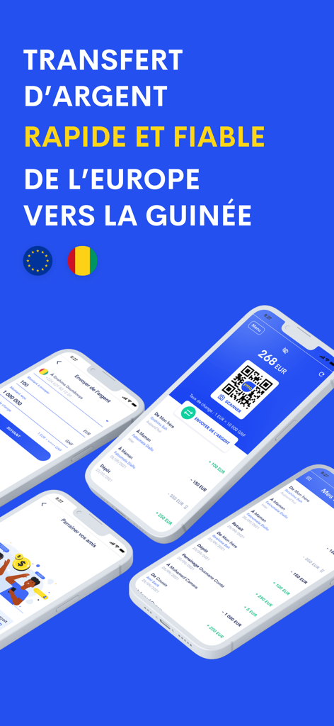 YMO - Transfert d'argent - YMO mobile app interface for fast and reliable money transfers from Europe to Guinea