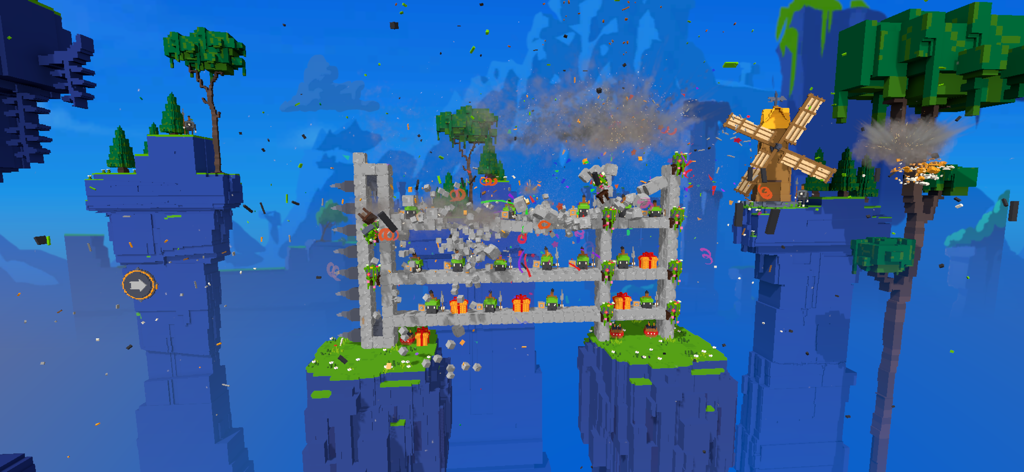 Blow it up Mobile - Una estructura de vóxeles explotando en una isla flotante en Blow it up Mobile