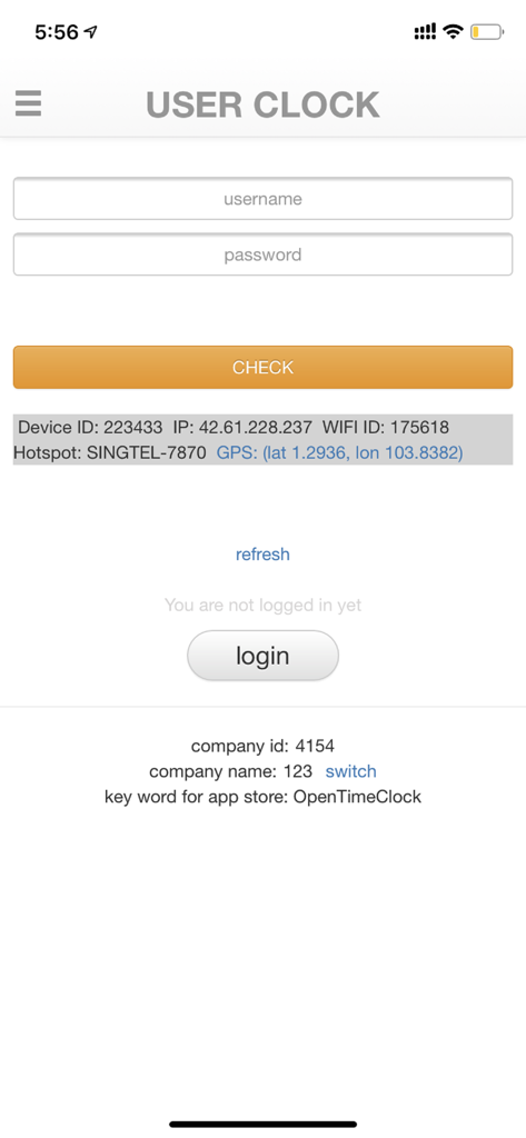OpenTimeClock - OpenTimeClock mobile app user login and clock in screen