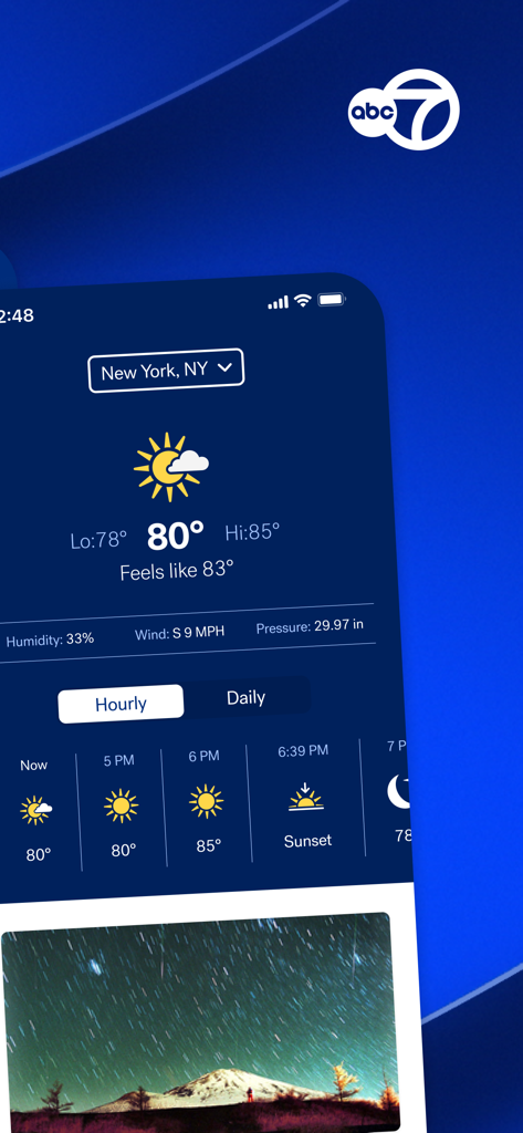 ABC 7 New York - Weather forecast interface in the ABC 7 New York mobile app showing local conditions for New York City.