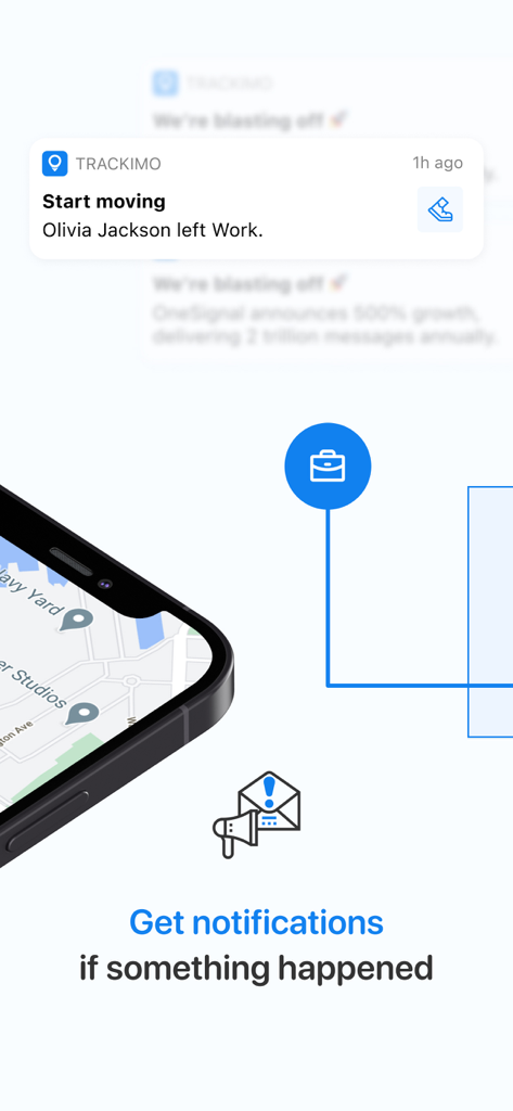 Trackimo + - Trackimo plus app showing a real-time notification for a contact leaving a specific location.