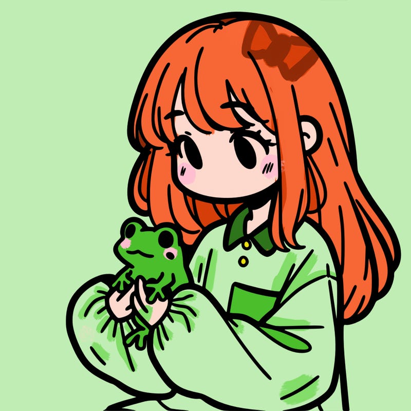 girl with long hair and a oversized shirt. and she is holding a frog