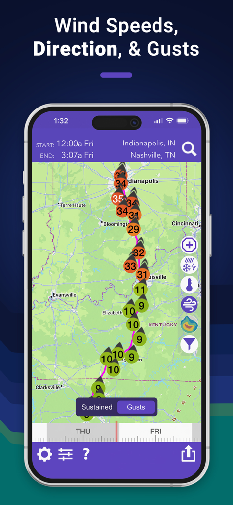 A mobile app screen showing wind speed and direction along a driving route from Indianapolis to Nashville