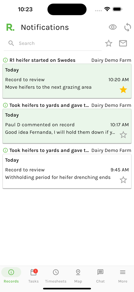 Resolution Farming App - Screenshot of the notifications feed in the Resolution Farming App showing livestock updates and team comments