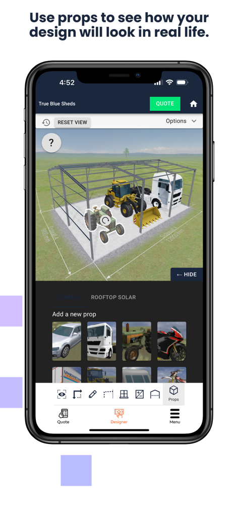 True Blue Sheds, Shed Designer - True Blue Sheds App-Oberfläche, die 3D-Requisiten wie einen LKW und einen Traktor in einem Schuppenrahmen zeigt, um Größe und Design zu visualisieren