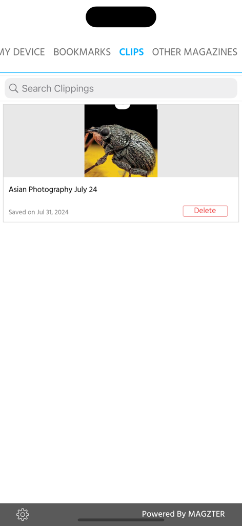 Asian Photography - Interface of the Asian Photography app showing the clips section with a saved macro photo of an insect from the July 2024 issue.