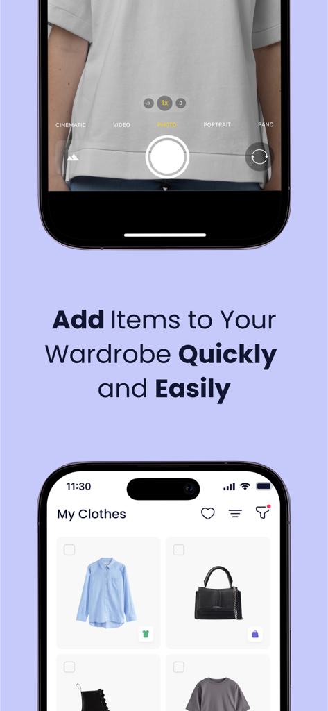 Smart Outfit: AI Stylist - User interface showing how to add items to the digital wardrobe by taking photos of clothes.
