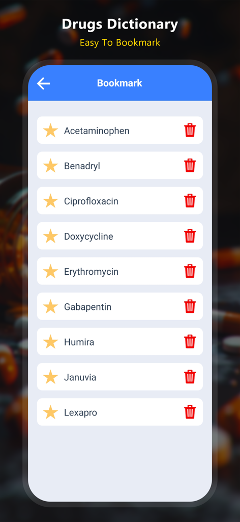 Drugs Dictionary - Offline - A list of bookmarked medications in the Drugs Dictionary app showing drugs like Acetaminophen and Benadryl