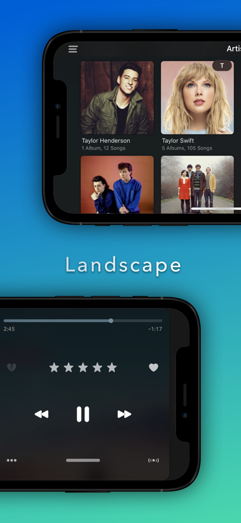 Marvis Pro - Marvis Pro app interface in landscape orientation showing a curated artist grid and a modern music player with star ratings