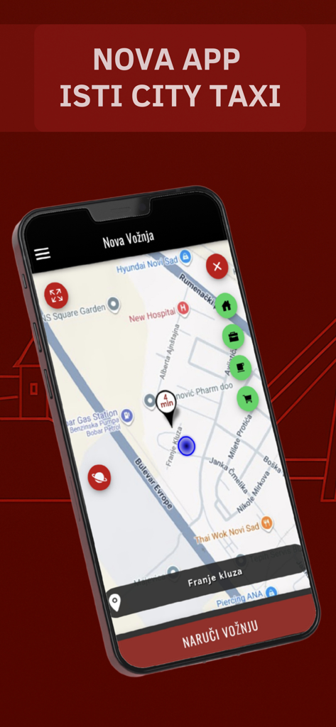 Smartphone screen of City Taxi NS app showing a map of Novi Sad and a ride booking button