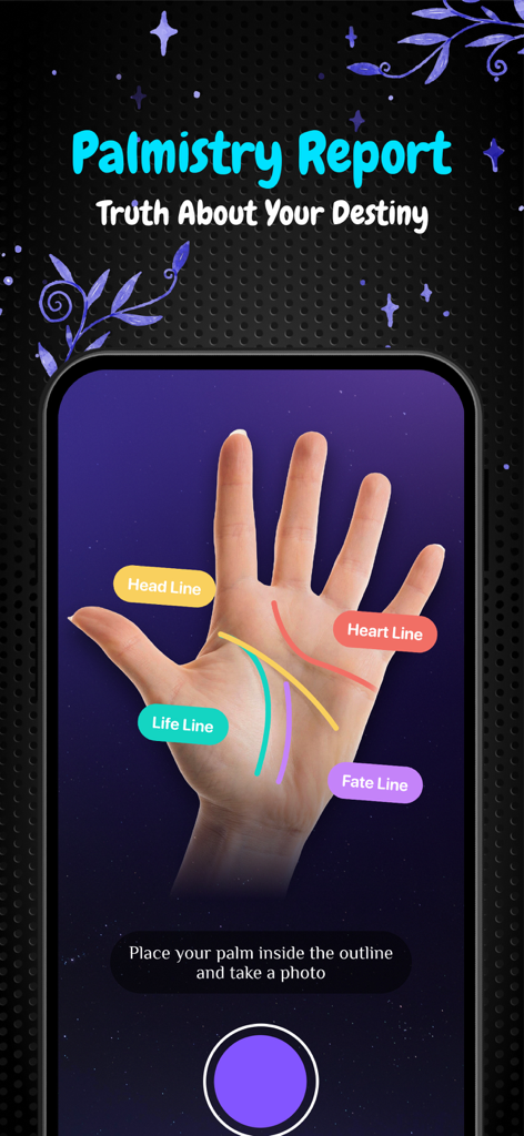 Test Lie Detector for Prank - A mobile app screenshot showing a palmistry report feature with labeled lines on a hand for a prank game