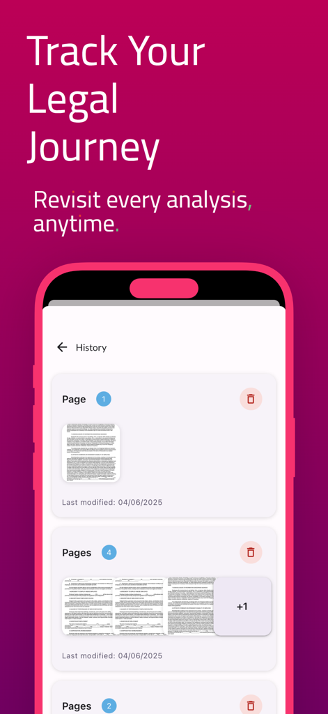 AI Legal Contract Analyzer - Schermata della cronologia di Legalyzer che mostra un elenco di documenti legali precedentemente analizzati con date di modifica.
