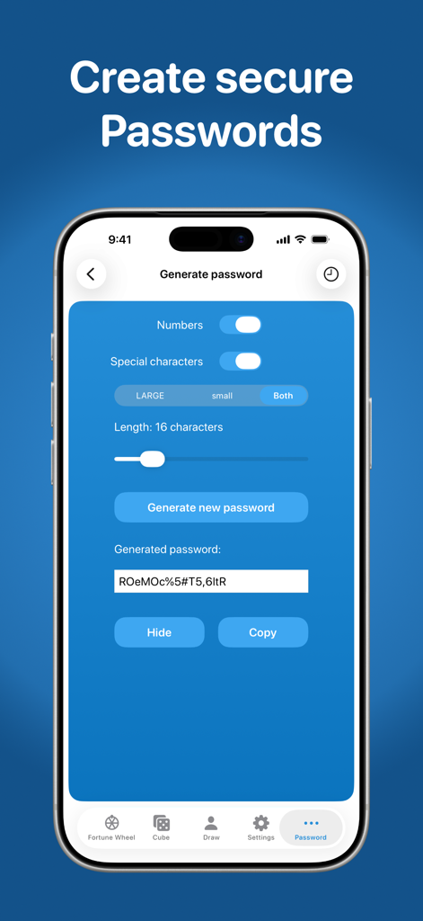 Interface for generating secure passwords with custom character settings and length