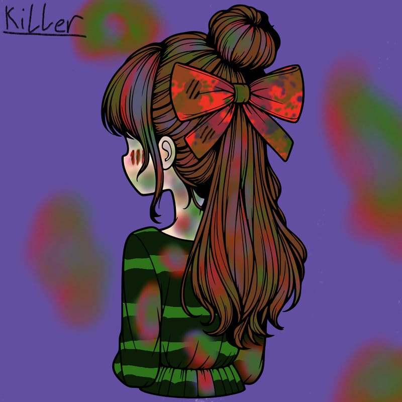 realistic girl  with hip length hair a bun and a big bow on the back of head